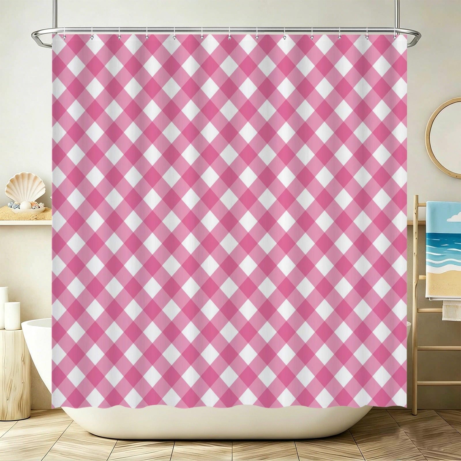 Pink Gingham Shower Curtain, Checkered Bathroom Decor, Preppy Bath Accent