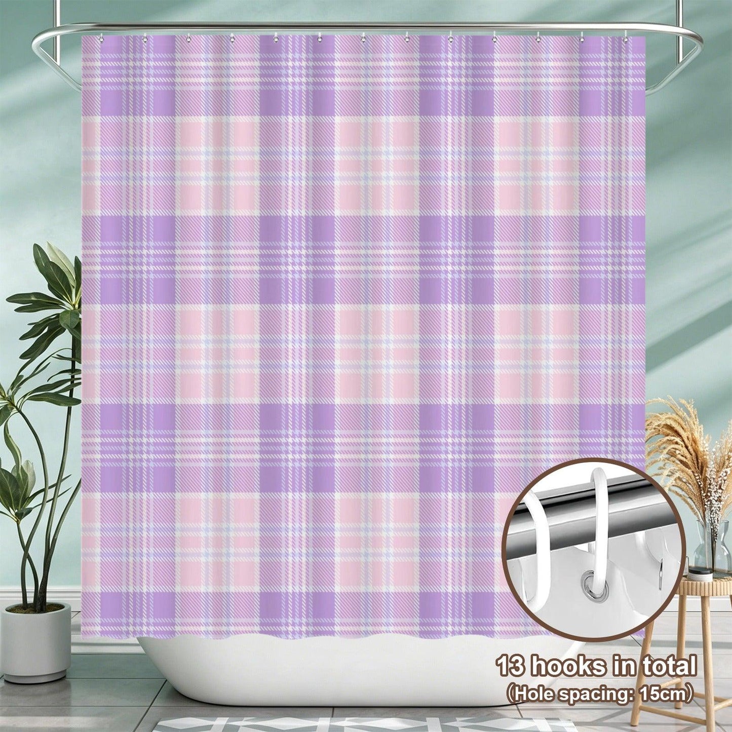 Pink Lavender Plaid Shower Curtain, Pastel Tartan Bathroom Decor, Preppy Coquette Bath Curtain