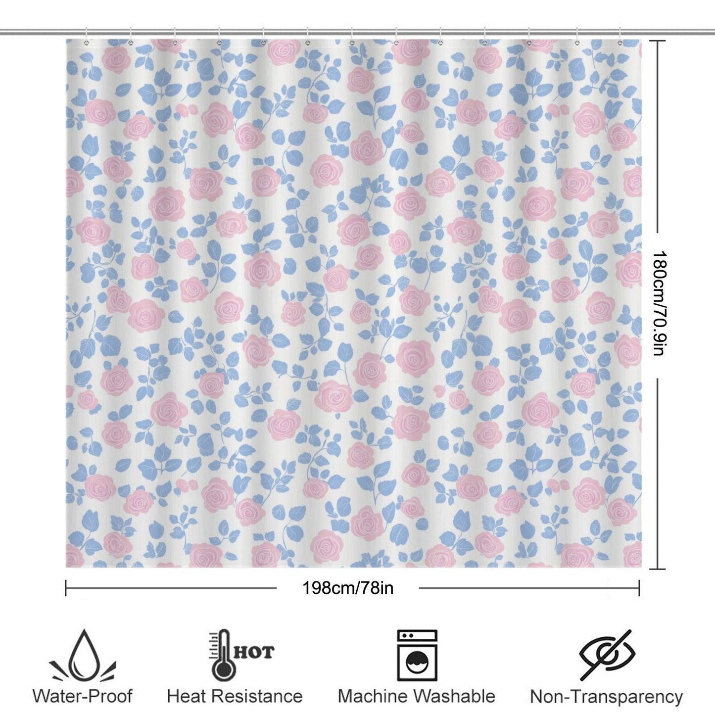 Pink Rose Floral Shower Curtain, Blue Leaves Cottage Bath Decor