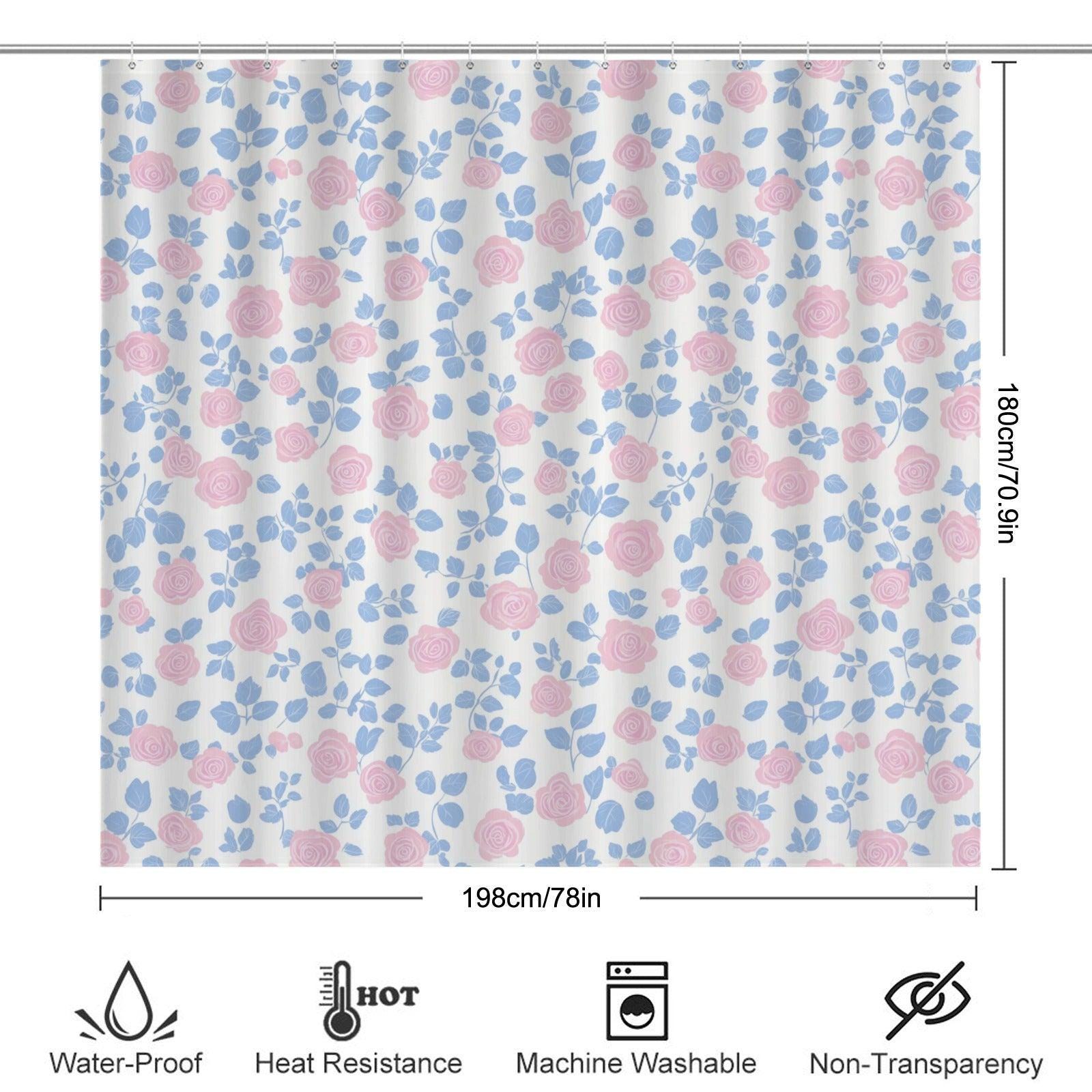 Pink Rose Floral Shower Curtain, Blue Leaves Cottage Bath Decor