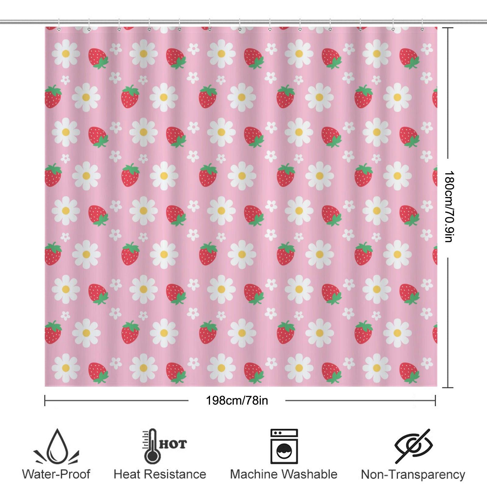 Pink Strawberry Daisy Shower Curtain, Whimsical Fruit Floral Bath Accent