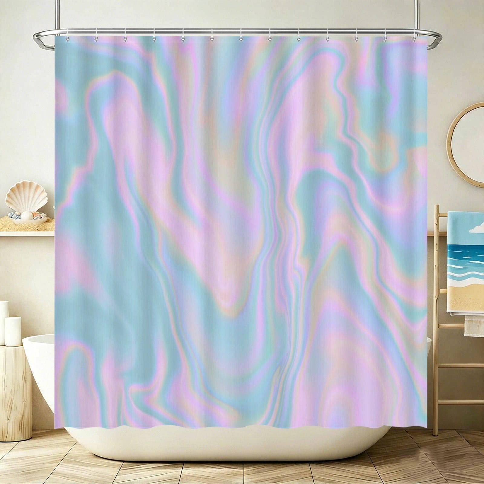 Holographic Shower Curtain, Pastel Opal Swirl, Iridescent Wavy Bath Decor