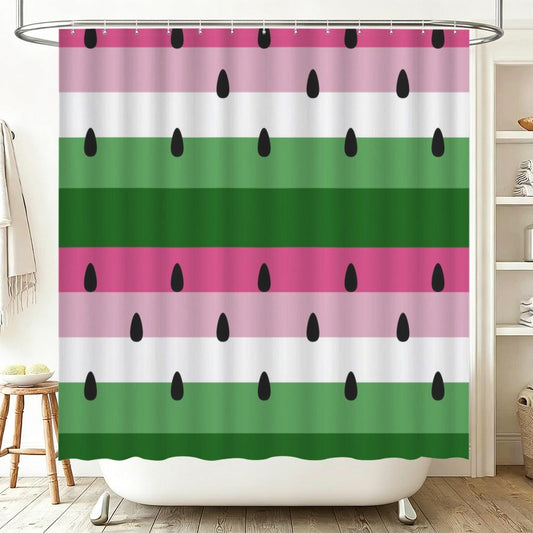 Watermelon Shower Curtain, Pink Green Fruit Stripes, Modern Bathroom Decor