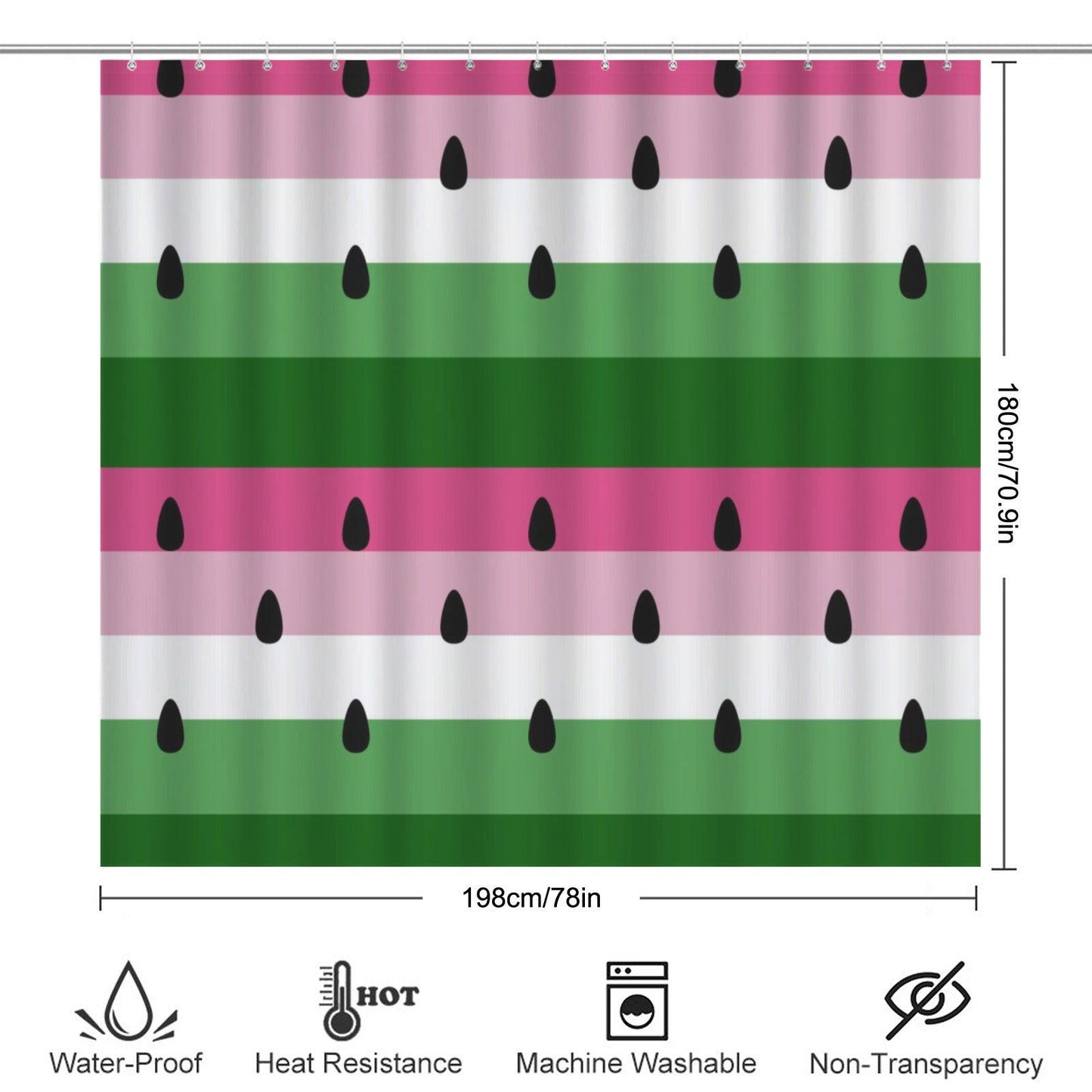Watermelon Shower Curtain, Pink Green Fruit Stripes, Modern Bathroom Decor