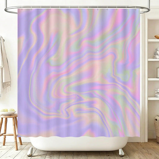 Holographic Shower Curtain, Pastel Abstract Lavender Pink Bath Decor, Y2K Iridescent Accent