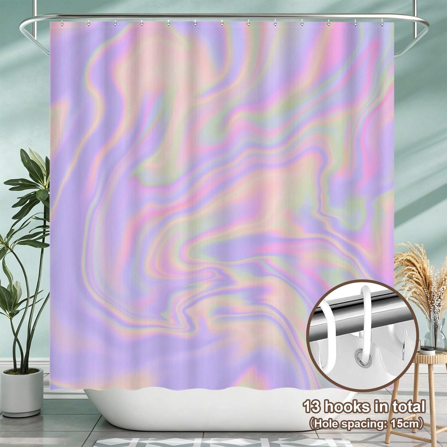 Holographic Shower Curtain, Pastel Abstract Lavender Pink Bath Decor, Y2K Iridescent Accent