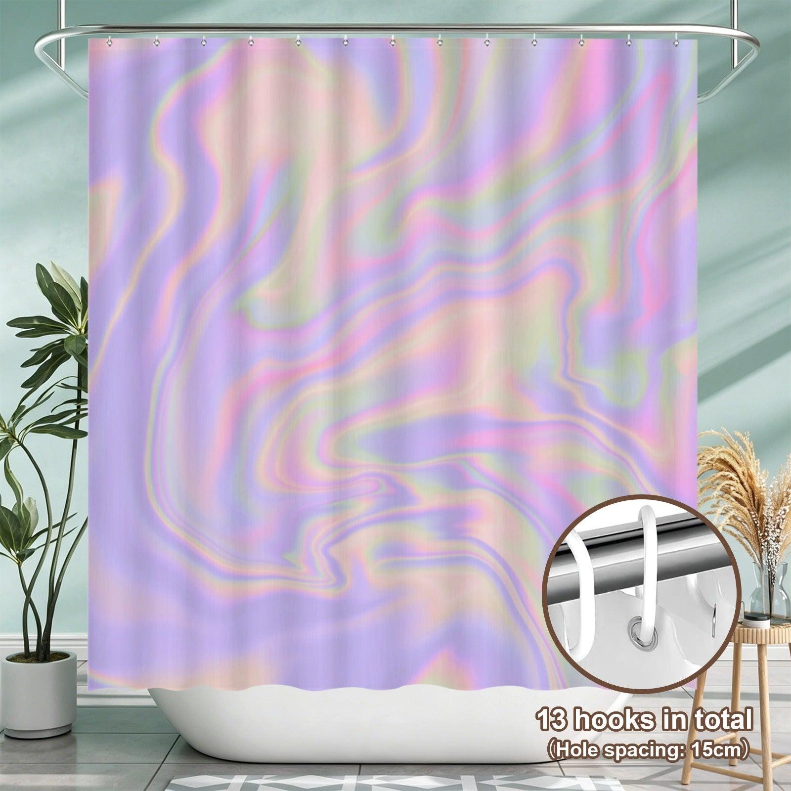 Holographic Shower Curtain, Pastel Abstract Lavender Pink Bath Decor, Y2K Iridescent Accent
