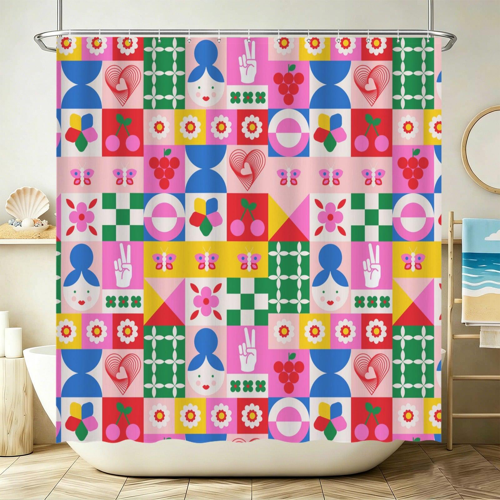 Retro Tile Shower Curtain, Colorful Mod Cherry Daisy Bath Decor