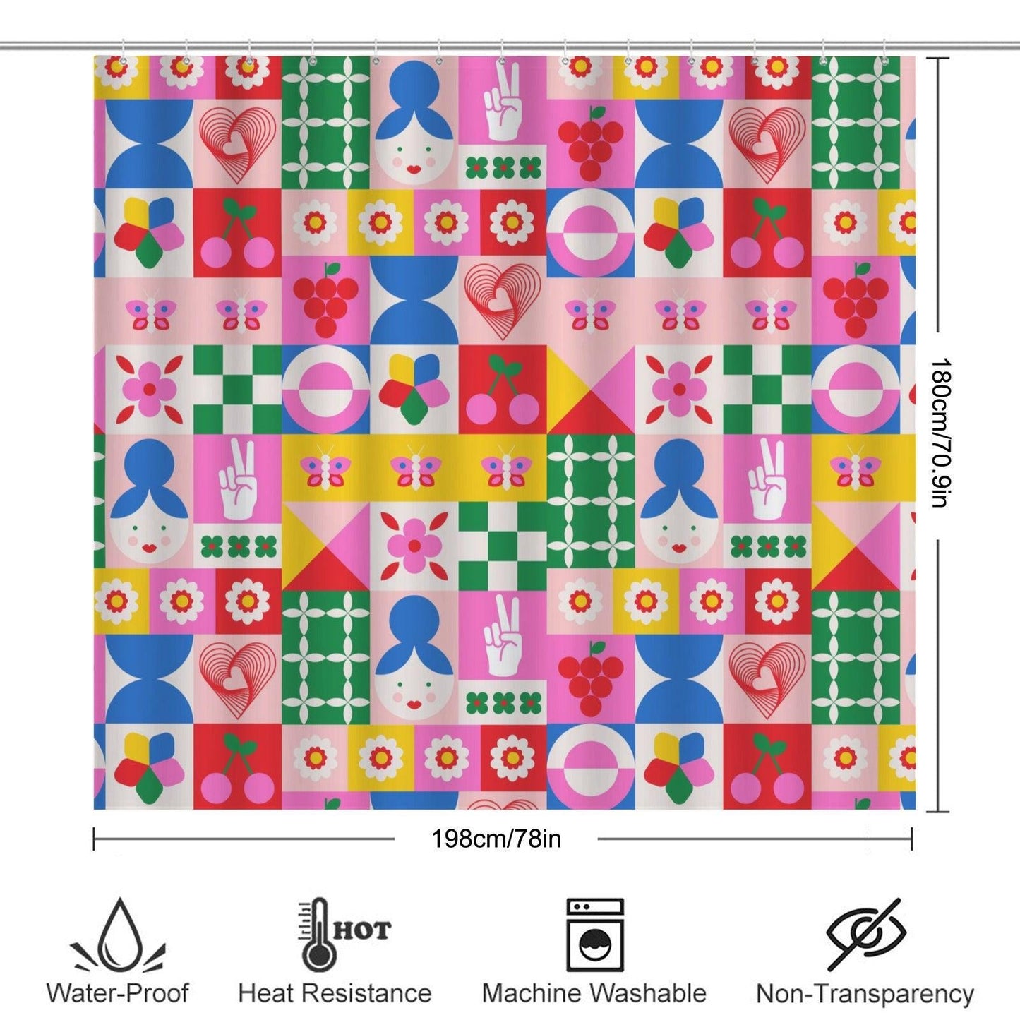 Retro Tile Shower Curtain, Colorful Mod Cherry Daisy Bath Decor