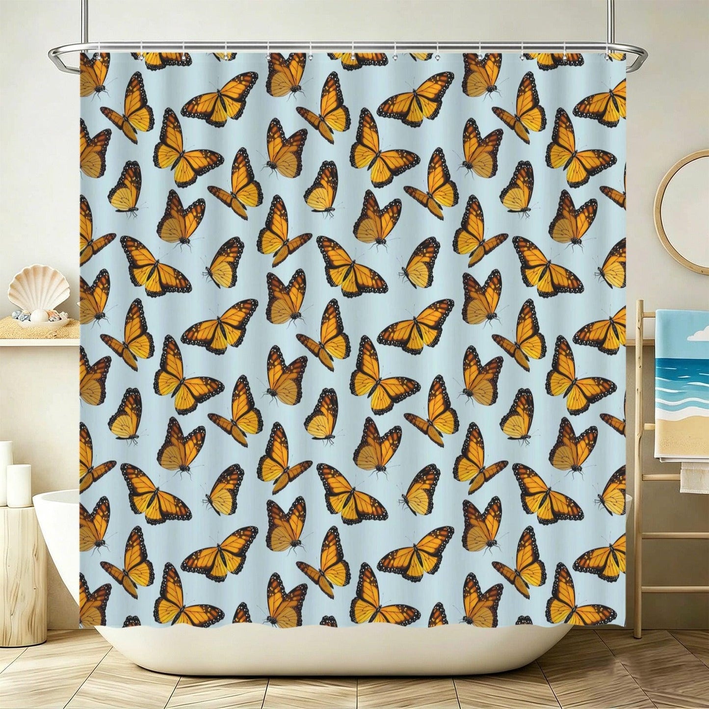 Monarch Butterfly Shower Curtain, Sky Blue Nature Bath Decor, Cottage Garden Accent