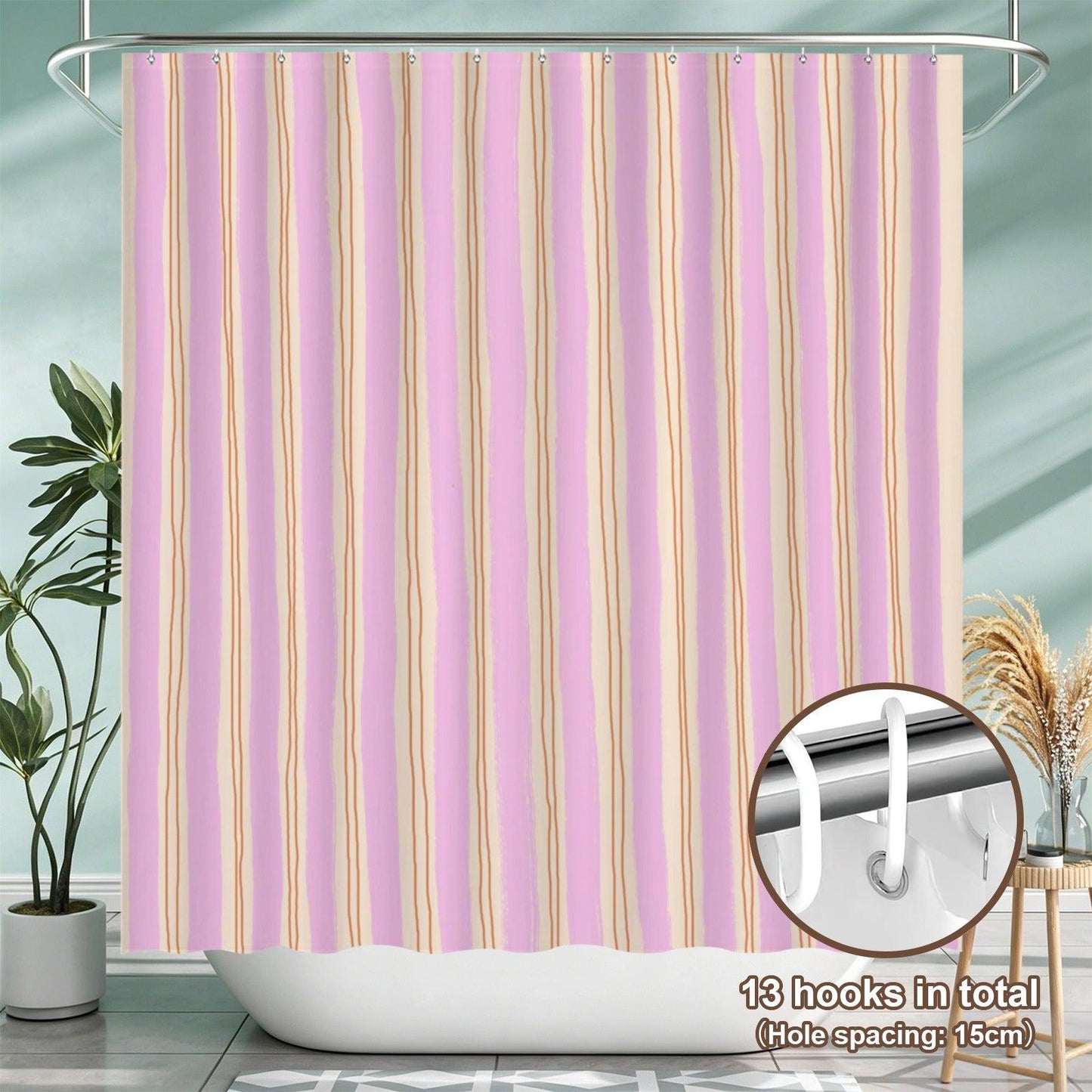 Pink Wavy Stripe Shower Curtain, Blush Cream Preppy Bathroom Decor