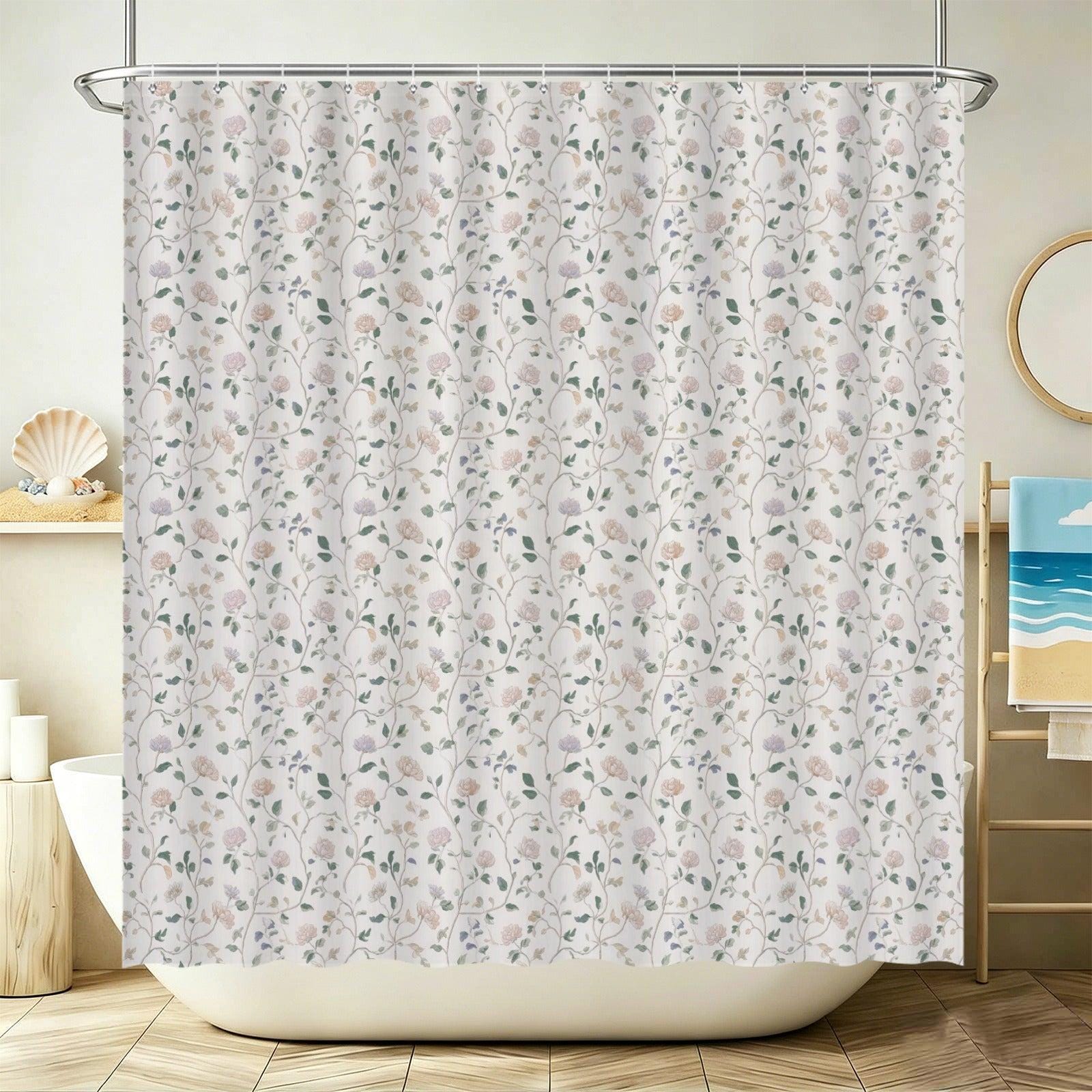 Neutral Floral Shower Curtain, Botanical Vine Bathroom Decor, Soft Romantic Bath Curtain