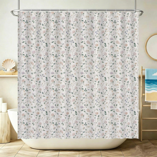 Neutral Floral Shower Curtain, Botanical Vine Bathroom Decor, Soft Romantic Bath Curtain