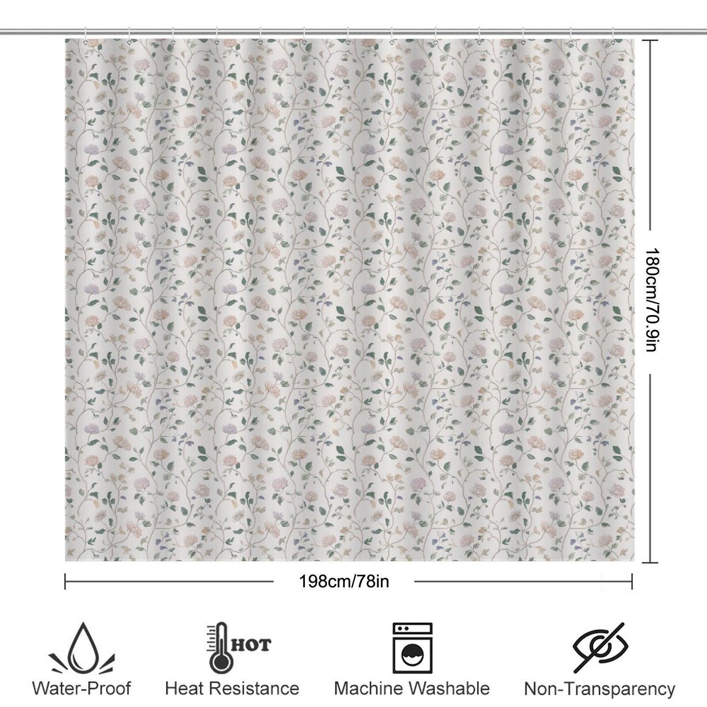 Neutral Floral Shower Curtain, Botanical Vine Bathroom Decor, Soft Romantic Bath Curtain