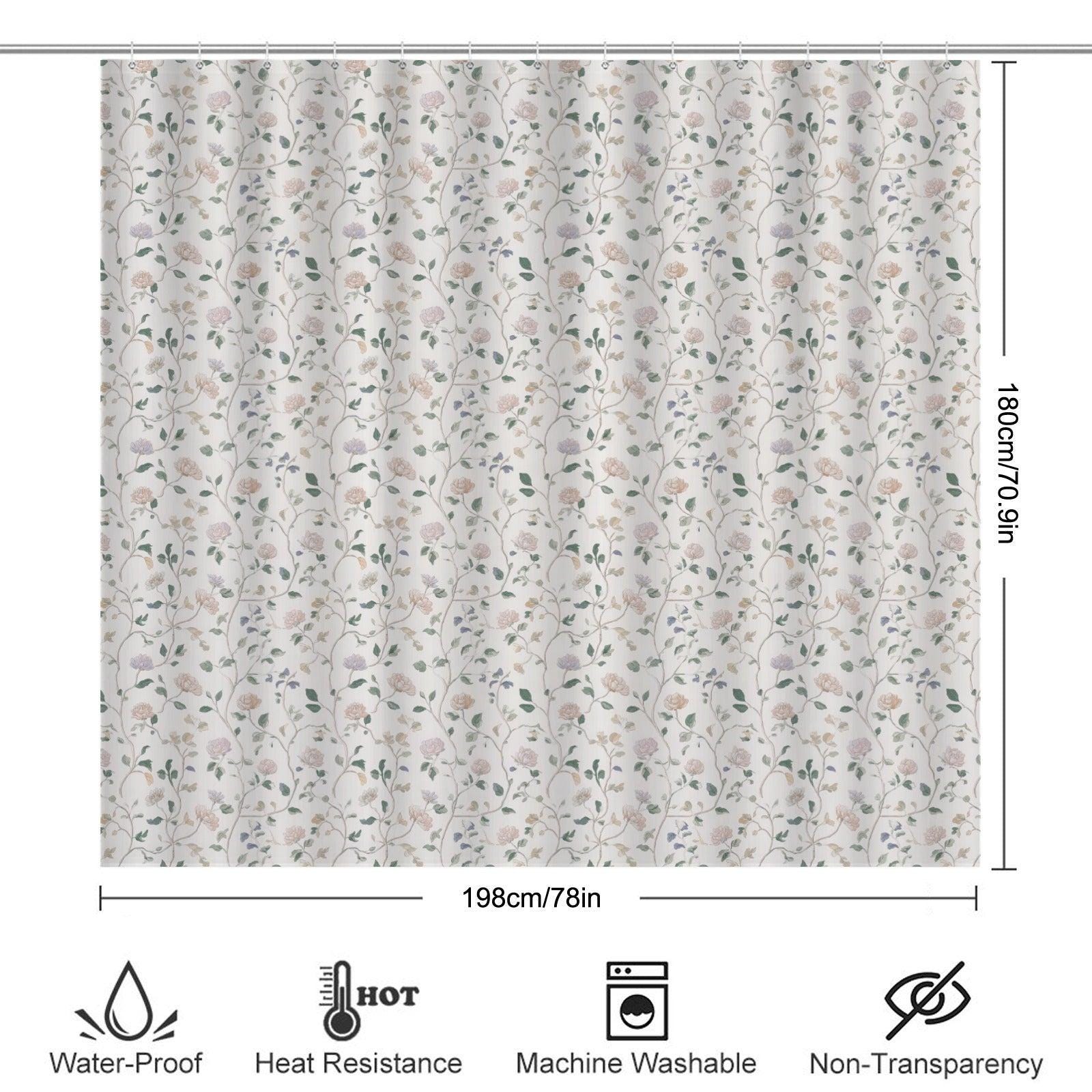 Neutral Floral Shower Curtain, Botanical Vine Bathroom Decor, Soft Romantic Bath Curtain