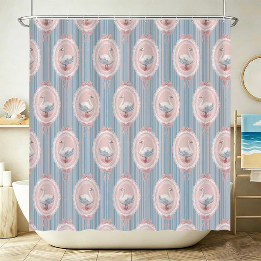 Coquette Swan Shower Curtain, Shabby Chic Pink Blue Ribbon Bath Decor