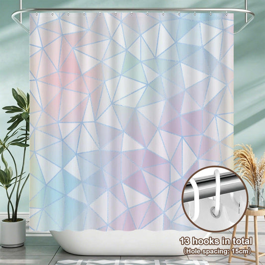 Pastel Geometric Shower Curtain, Abstract Triangle Bath Decor, Modern Blue Pink Bathroom Curtain