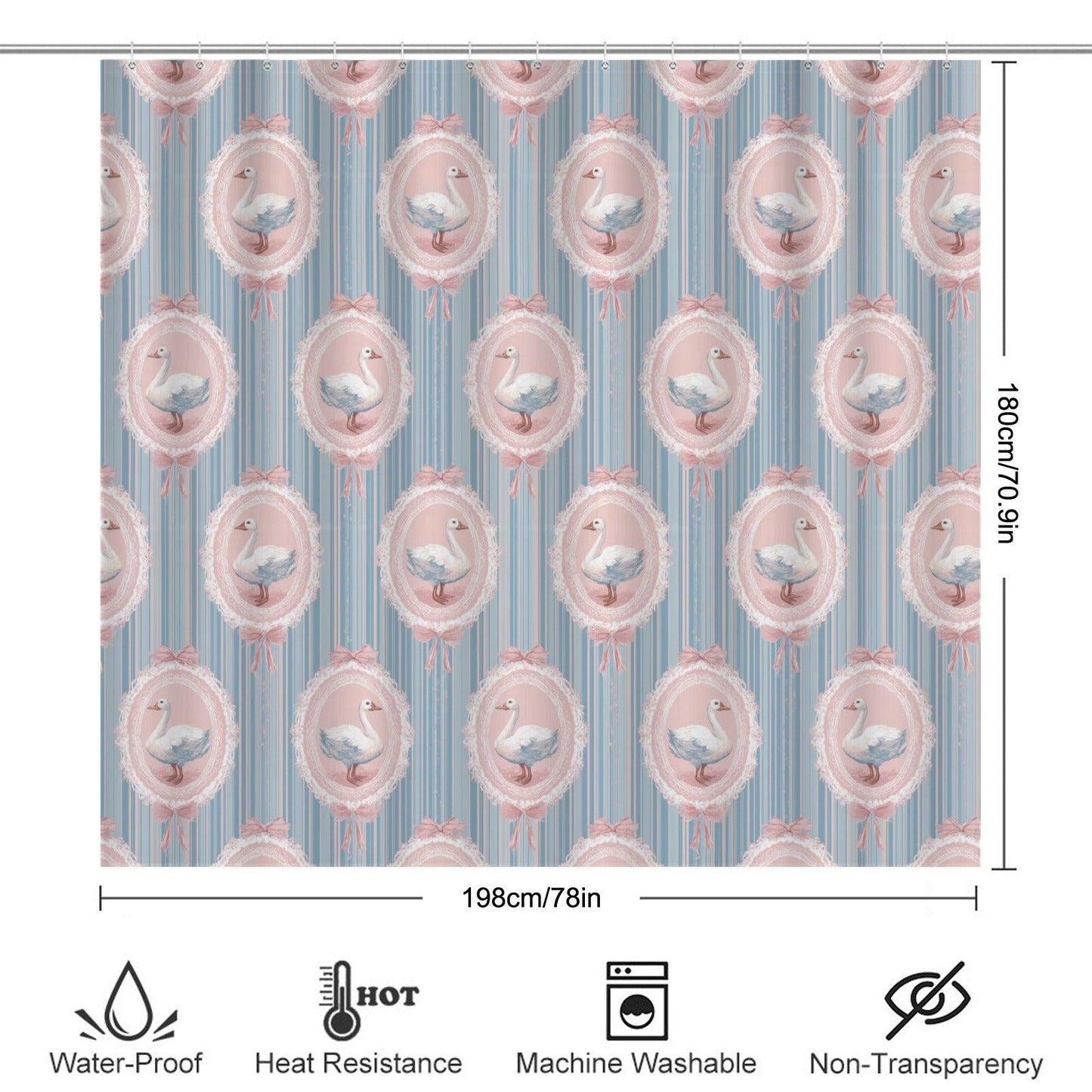 Coquette Swan Shower Curtain, Shabby Chic Pink Blue Ribbon Bath Decor