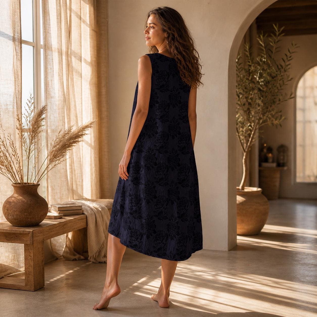 Dark Rose Sleeveless Floral Midi Dress, A-Line Resort Outfit