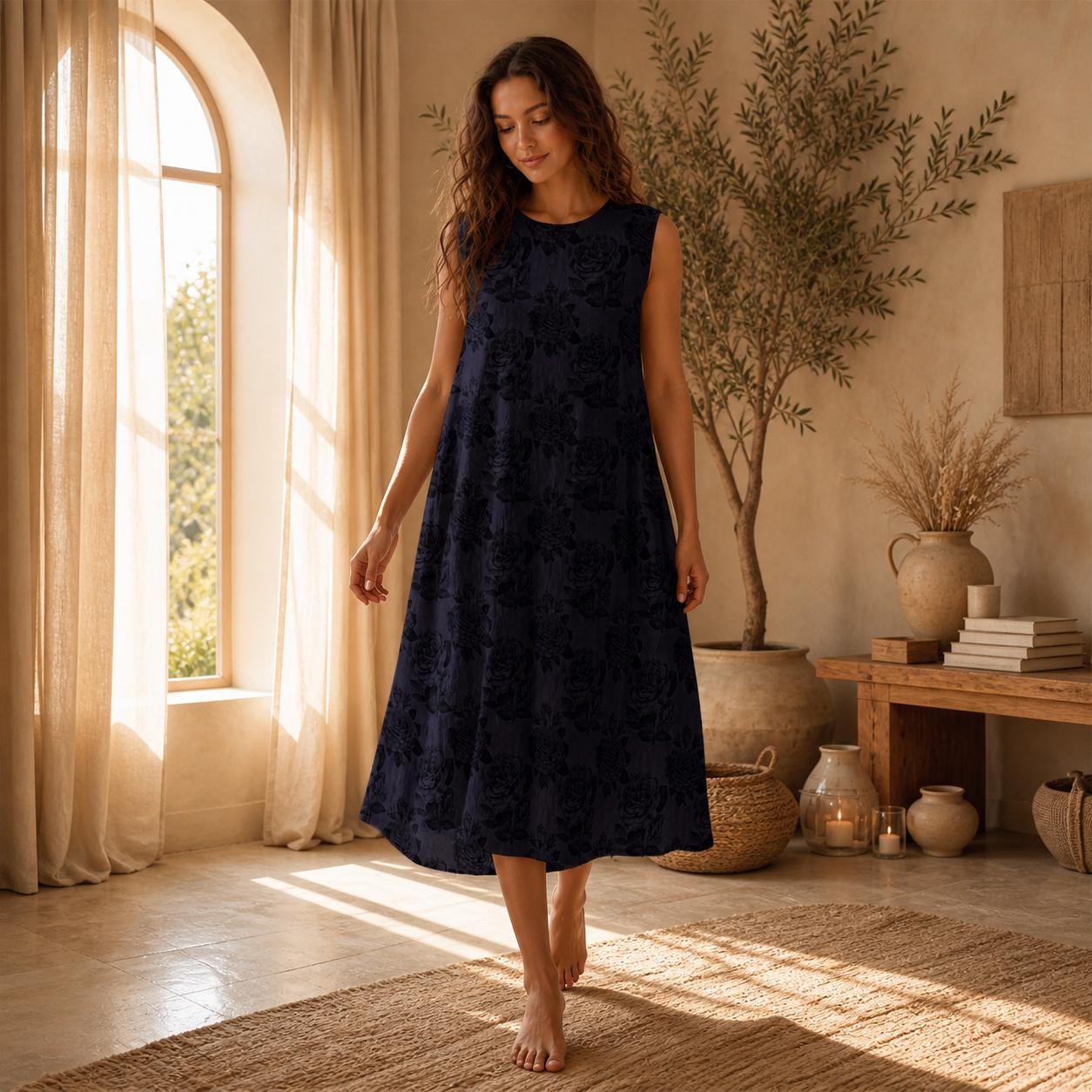 Dark Rose Sleeveless Floral Midi Dress, A-Line Resort Outfit