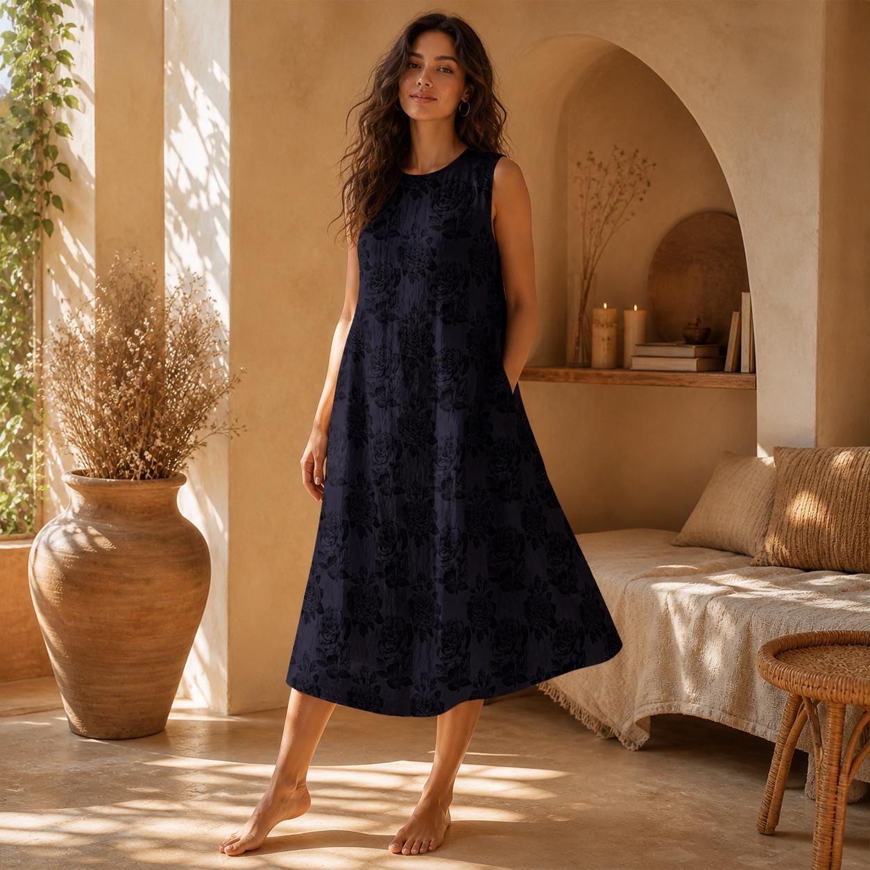 Dark Rose Sleeveless Floral Midi Dress, A-Line Resort Outfit