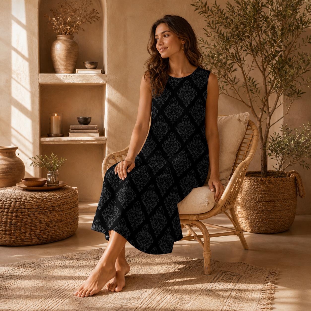 Black Damask Beach Dress, Sleeveless Resort Midi, Elegant Vacation Sundress