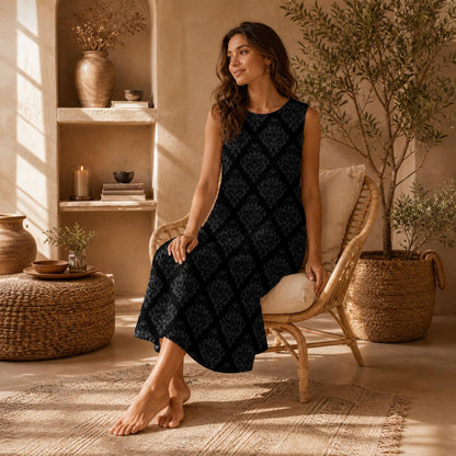 Black Damask Beach Dress, Sleeveless Resort Midi, Elegant Vacation Sundress