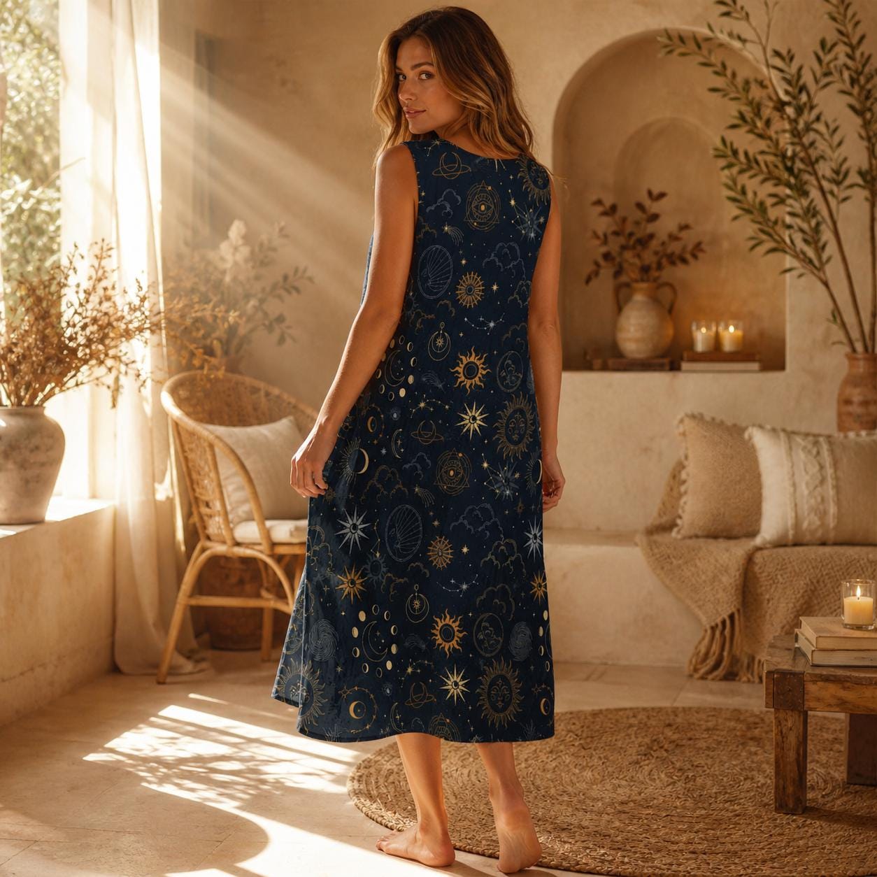 Celestial Midi Sundress, Sun Moon Star Dress, Astrology Casual Outfit