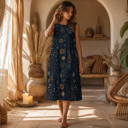 Celestial Midi Sundress, Sun Moon Star Dress, Astrology Casual Outfit