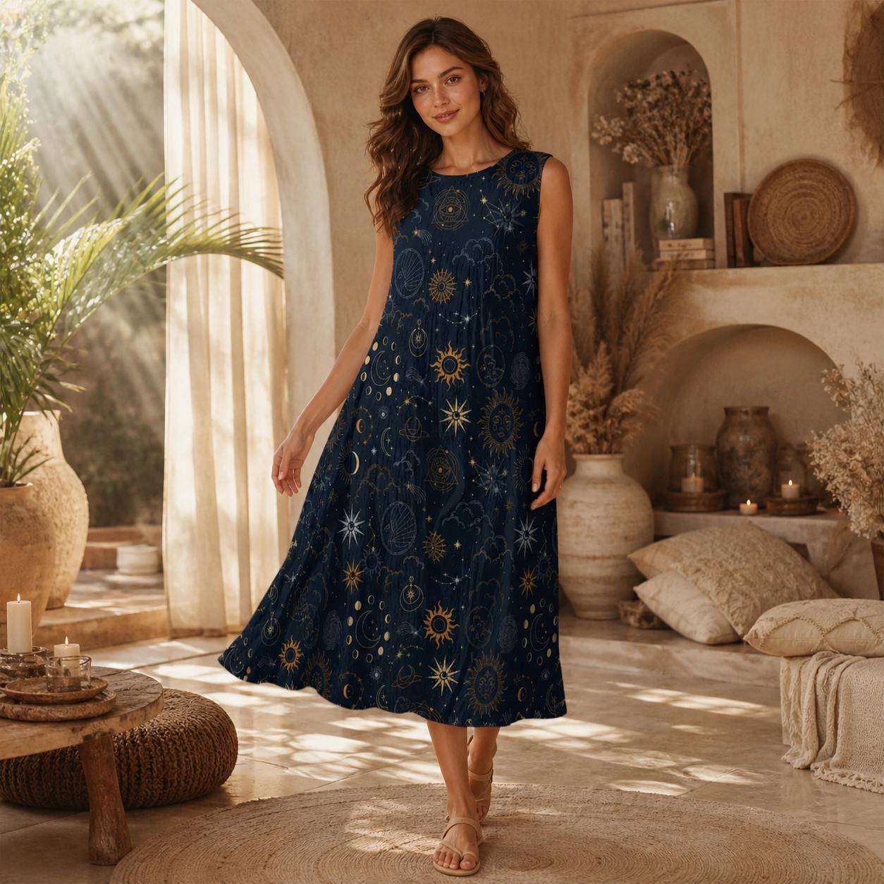 Celestial Midi Sundress, Sun Moon Star Dress, Astrology Casual Outfit