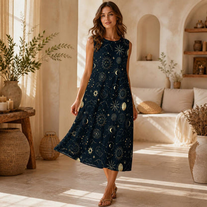 Celestial Midi Dress, Sun Moon Star Print, Faux Linen Beach Cover Up
