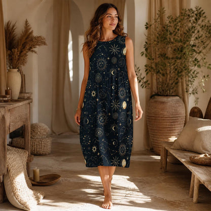 Celestial Midi Dress, Sun Moon Star Print, Faux Linen Beach Cover Up