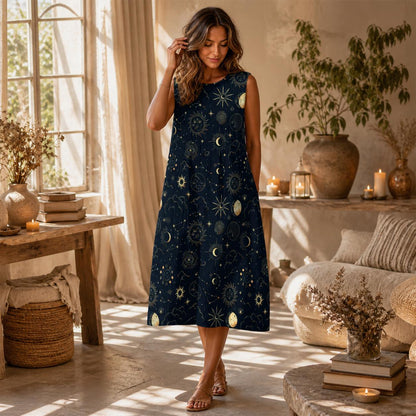 Celestial Midi Dress, Sun Moon Star Print, Faux Linen Beach Cover Up