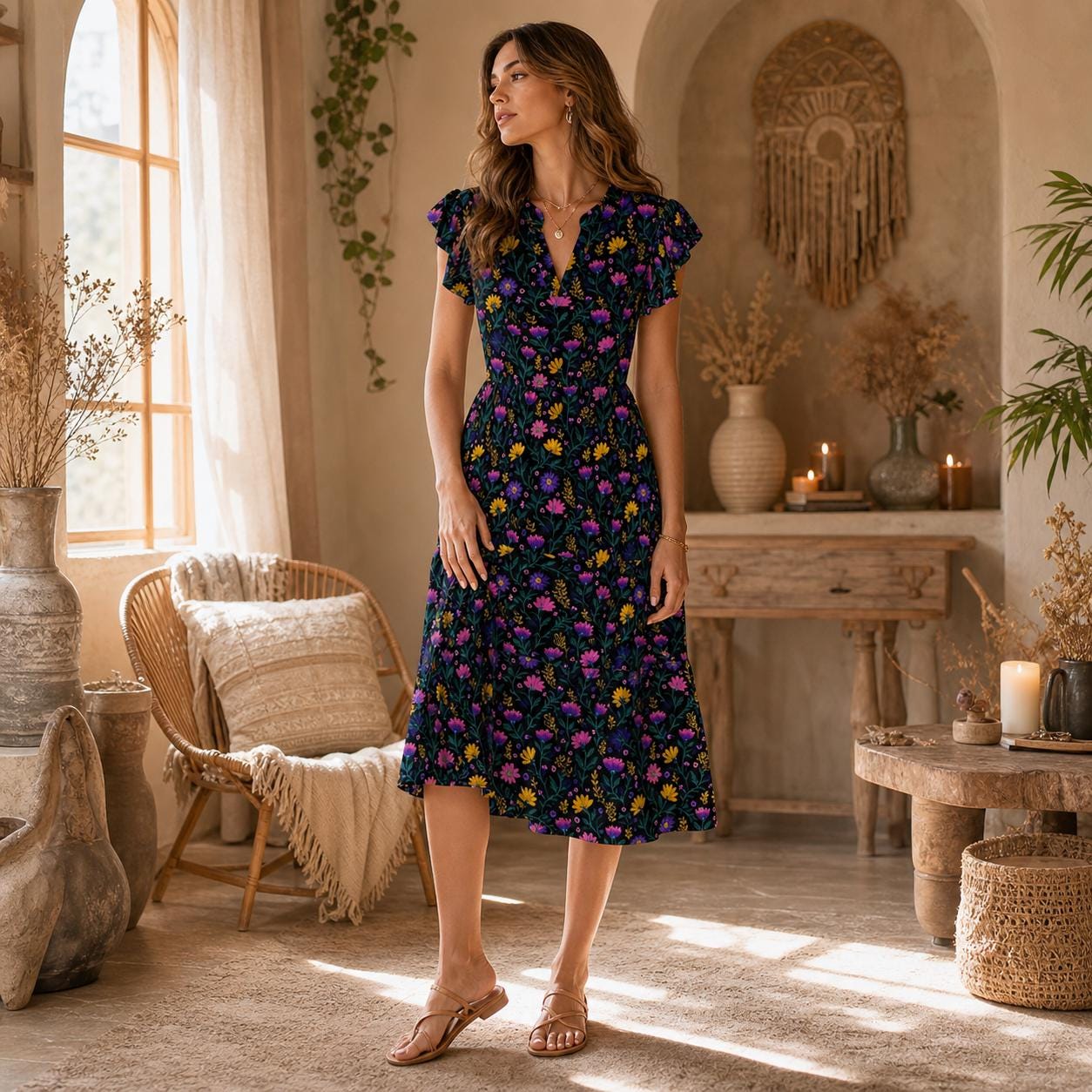 Wildflower Tiered Midi Dress, Colorful Floral Garden Party Dress, Bright Botanical Flutter Sleeve Outfit