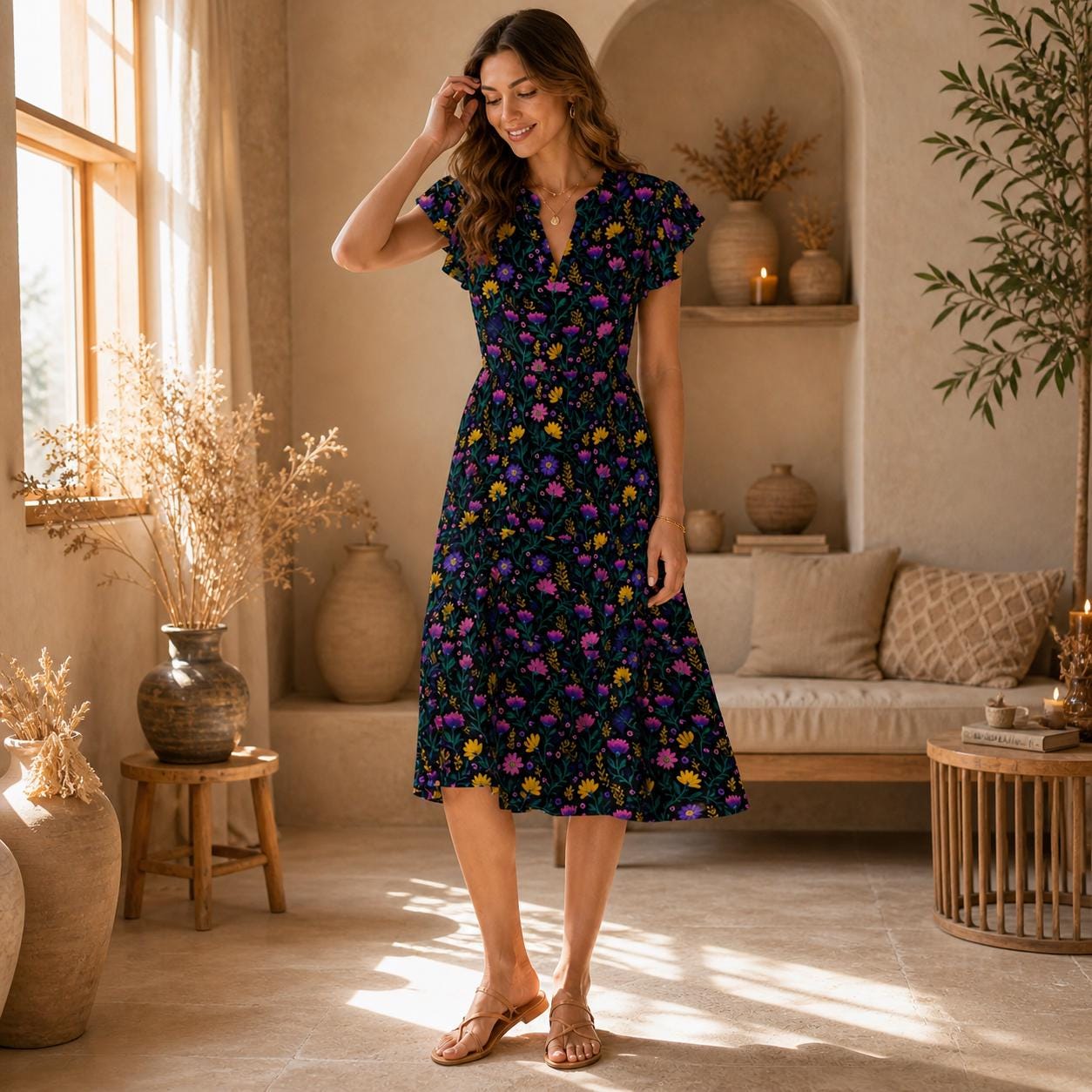 Wildflower Tiered Midi Dress, Colorful Floral Garden Party Dress, Bright Botanical Flutter Sleeve Outfit