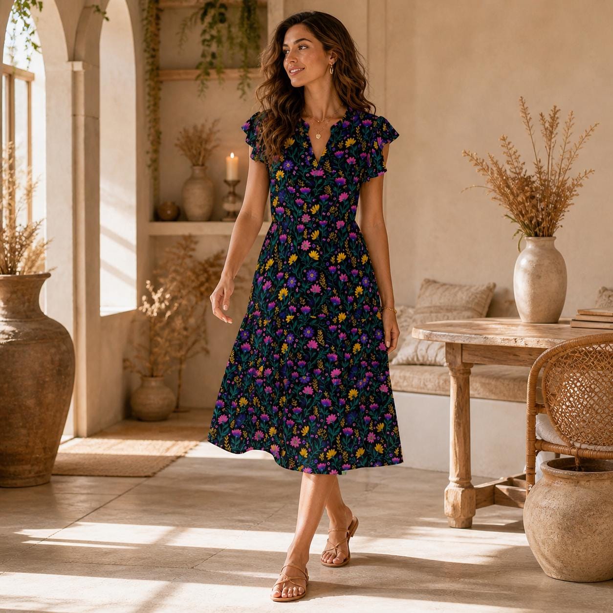 Wildflower Tiered Midi Dress, Colorful Floral Garden Party Dress, Bright Botanical Flutter Sleeve Outfit