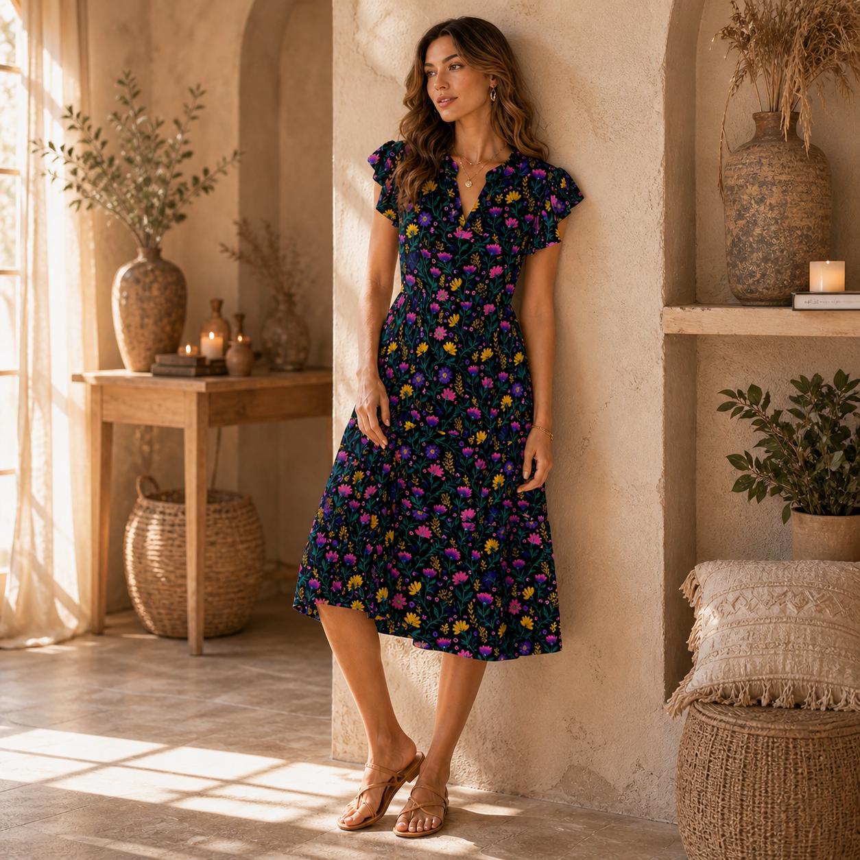 Wildflower Tiered Midi Dress, Colorful Floral Garden Party Dress, Bright Botanical Flutter Sleeve Outfit