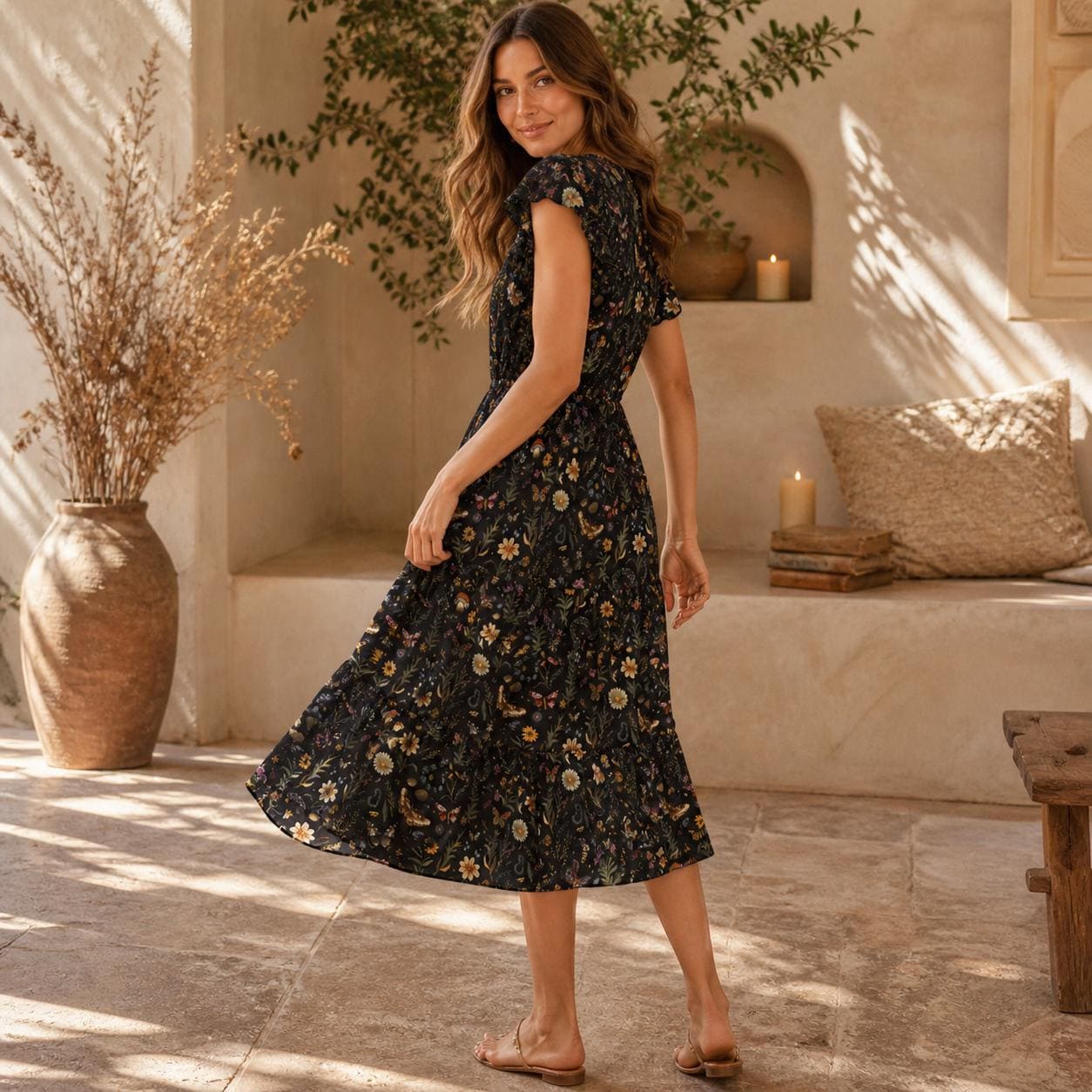Snake Mushroom Midi Dress, Dark Woodland Floral Tiered Dress, Witchy Cottagecore Fall Outfit