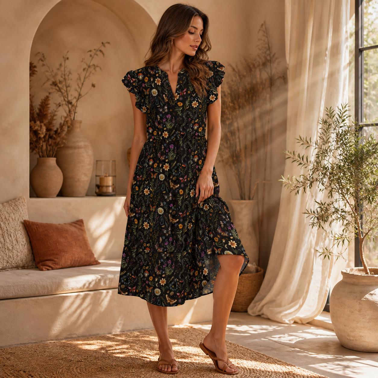 Snake Mushroom Midi Dress, Dark Woodland Floral Tiered Dress, Witchy Cottagecore Fall Outfit