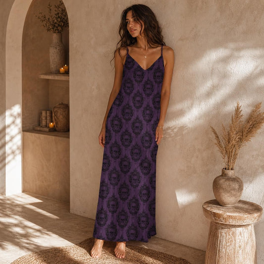Purple Skull Maxi Dress, Gothic Spaghetti Strap Sundress, Dark Romantic Boho Outfit
