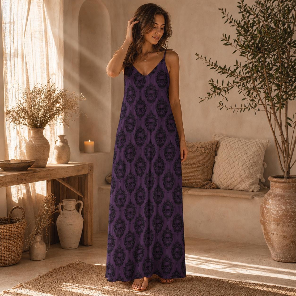 Purple Skull Maxi Dress, Gothic Spaghetti Strap Sundress, Dark Romantic Boho Outfit
