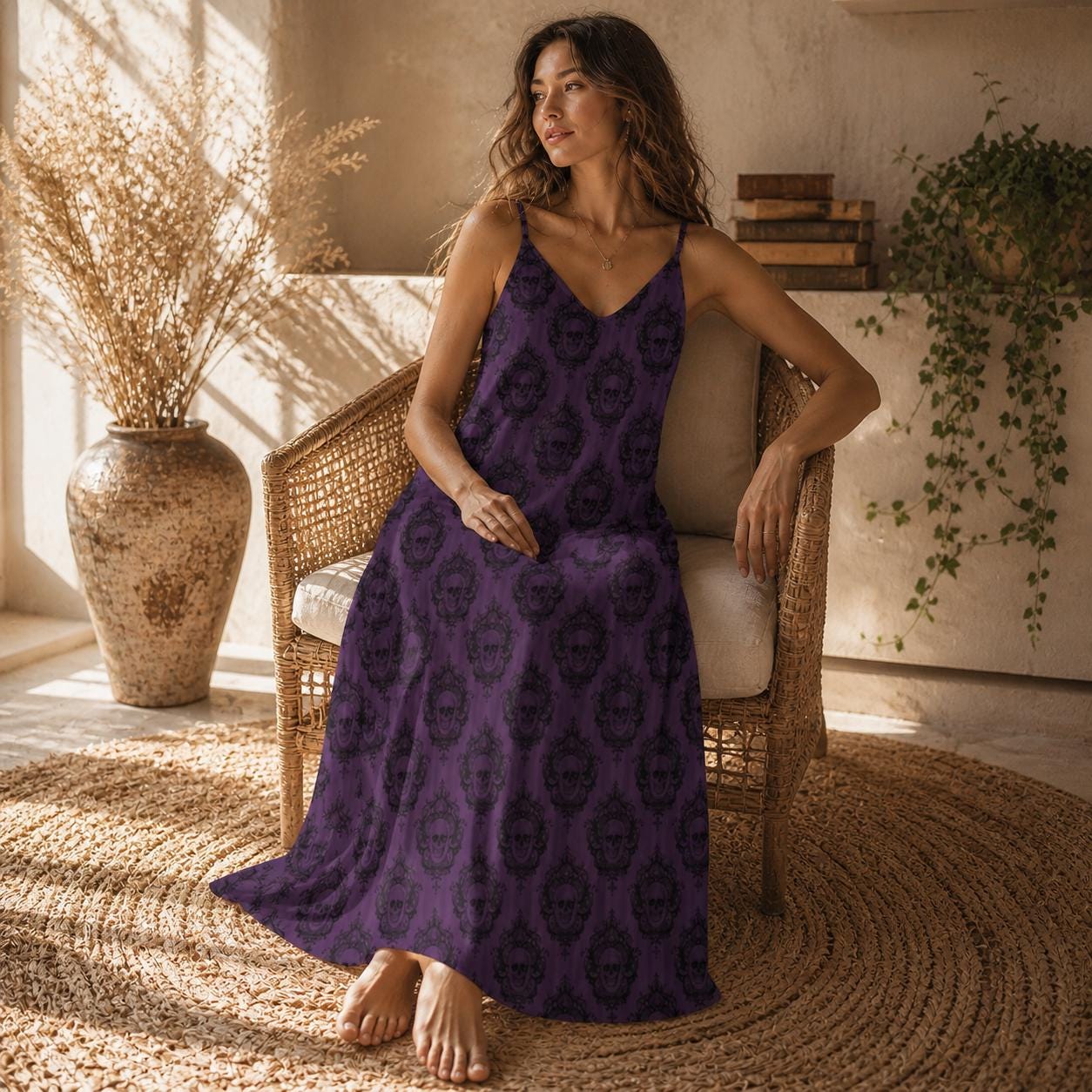 Purple Skull Maxi Dress, Gothic Spaghetti Strap Sundress, Dark Romantic Boho Outfit