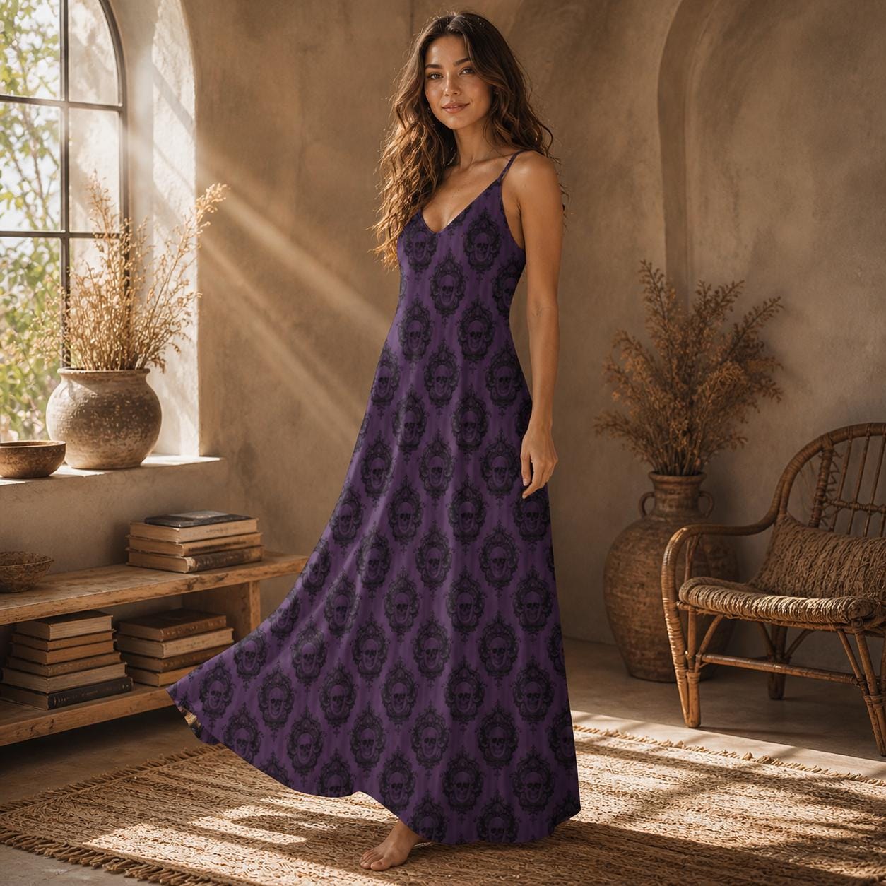 Purple Skull Maxi Dress, Gothic Spaghetti Strap Sundress, Dark Romantic Boho Outfit