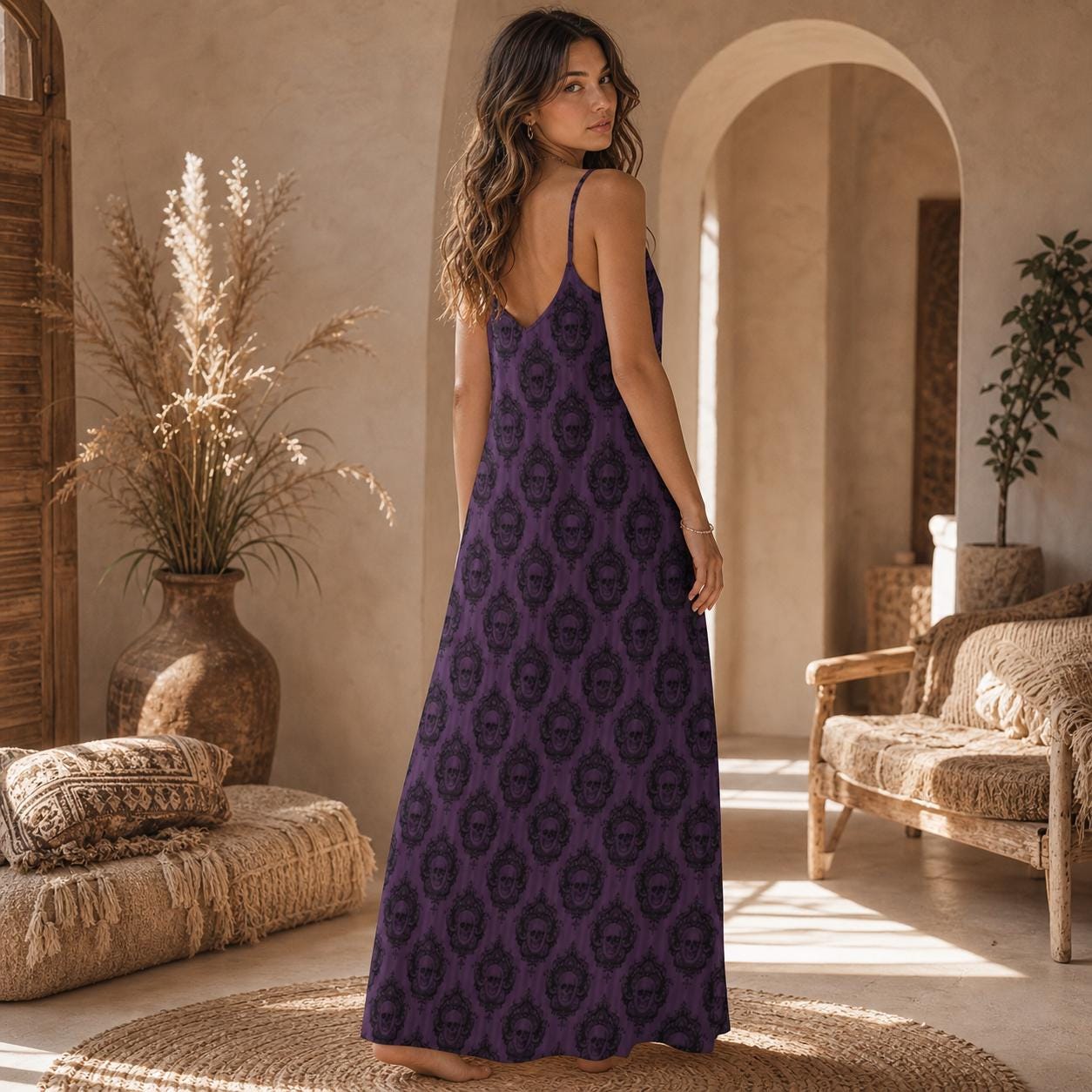 Purple Skull Maxi Dress, Gothic Spaghetti Strap Sundress, Dark Romantic Boho Outfit