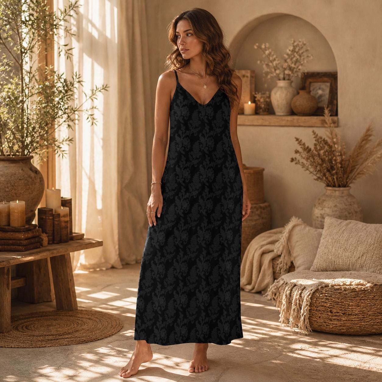 Black Damask Maxi Dress, Dark Academia Cami Gown, Victorian Baroque Style
