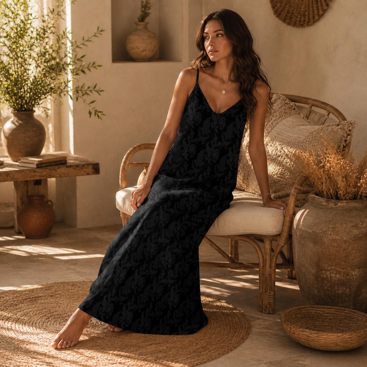 Black Damask Maxi Dress, Dark Academia Cami Gown, Victorian Baroque Style