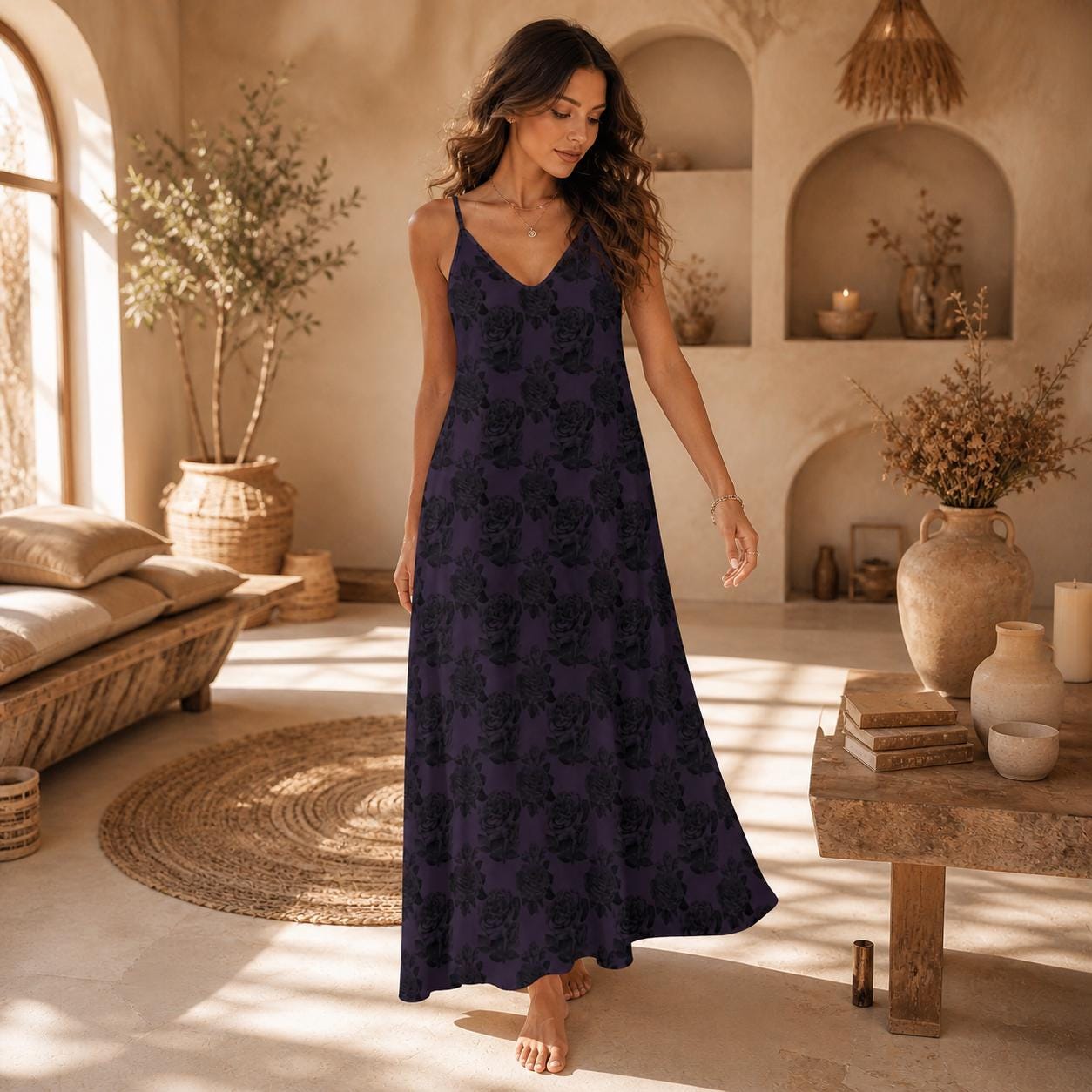 Gothic Rose Maxi Dress, Dark Floral Cami Sundress, Romantic Boho Vacation Apparel