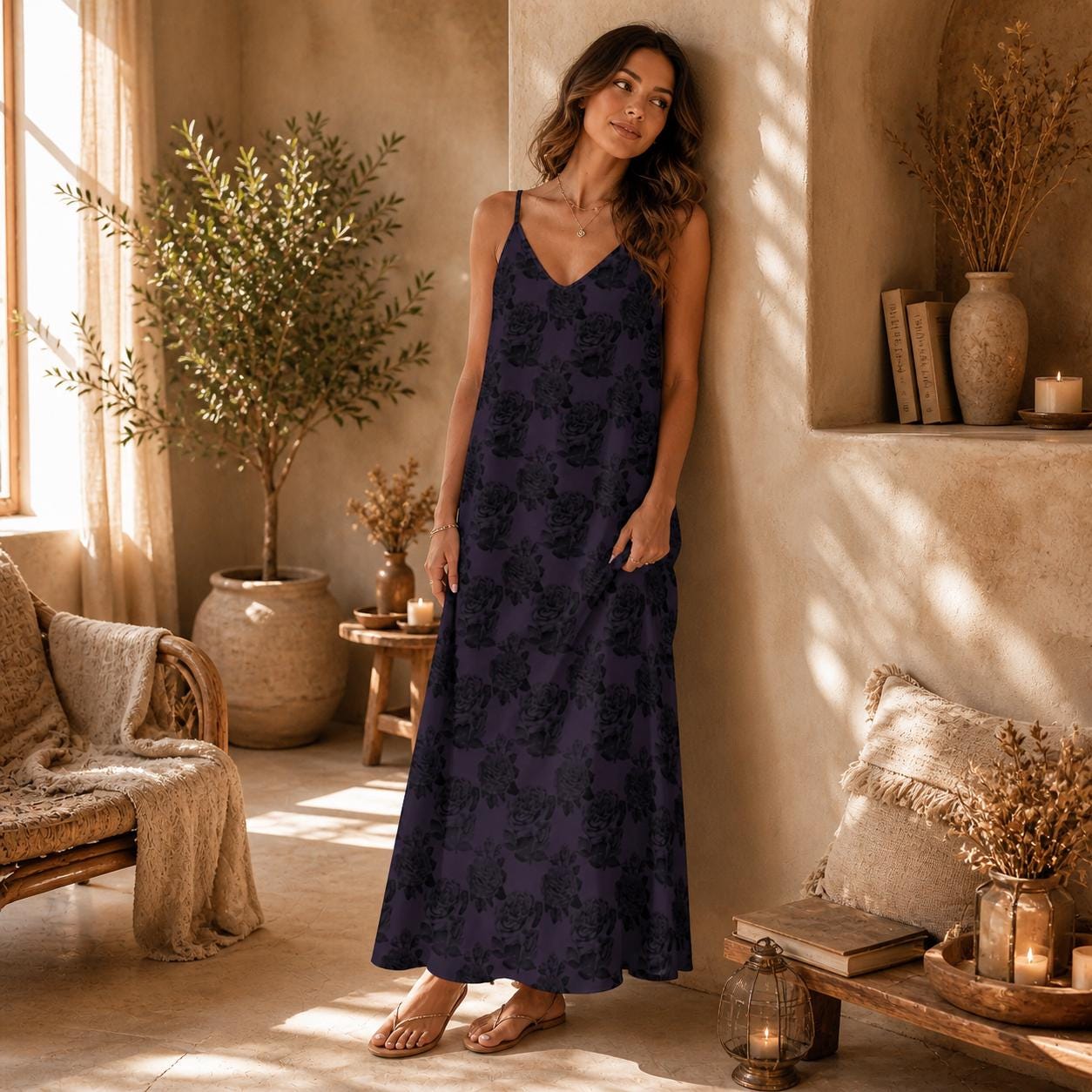 Gothic Rose Maxi Dress, Dark Floral Cami Sundress, Romantic Boho Vacation Apparel