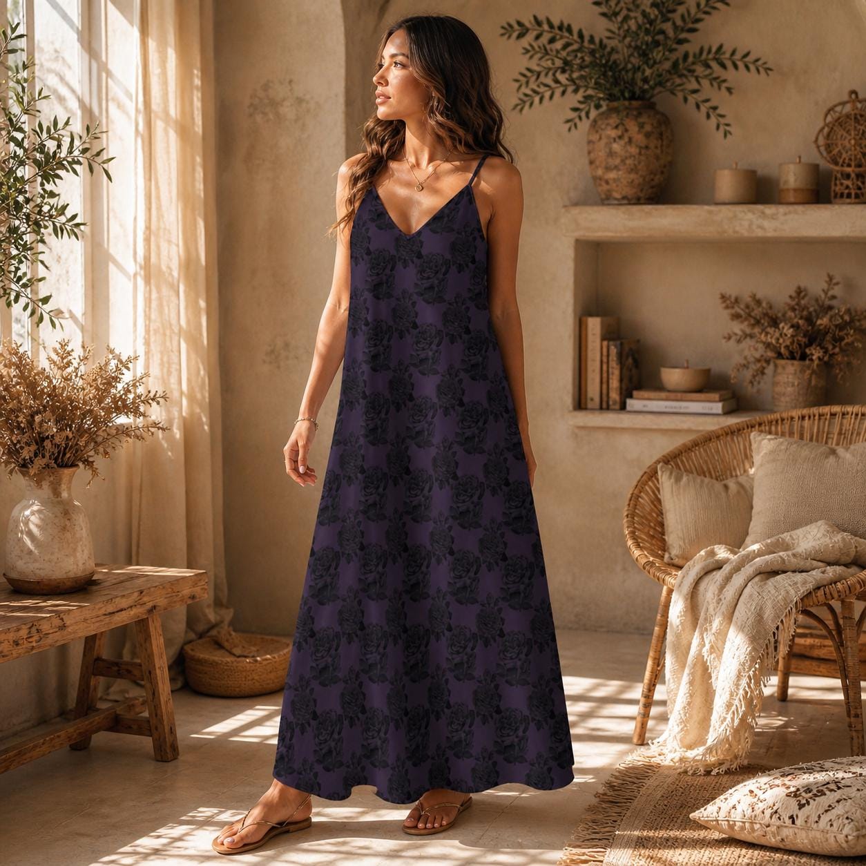 Gothic Rose Maxi Dress, Dark Floral Cami Sundress, Romantic Boho Vacation Apparel