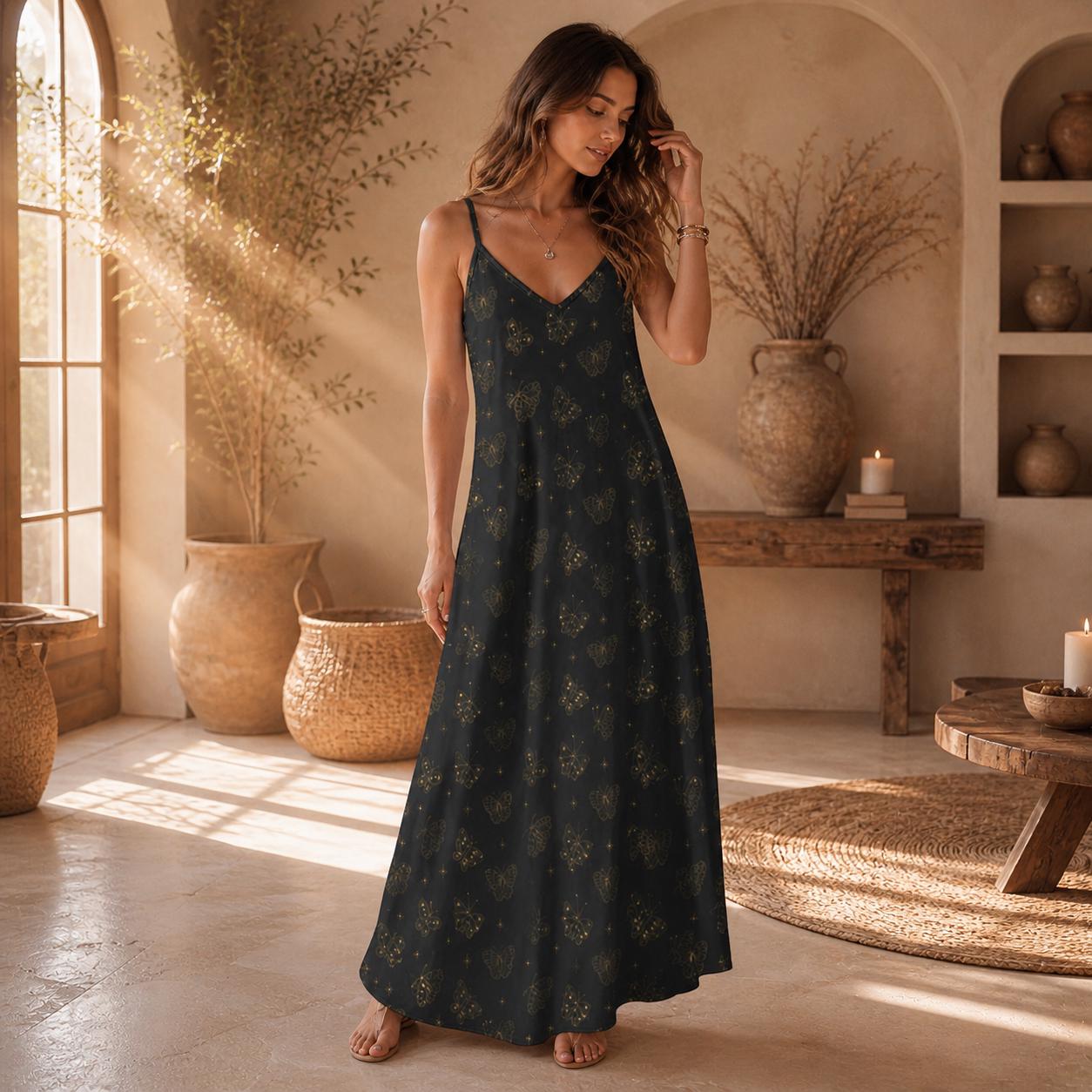 Celestial Butterfly Maxi Dress, Black Moth Slip Sundress, Boho Floral Vacation Outfit